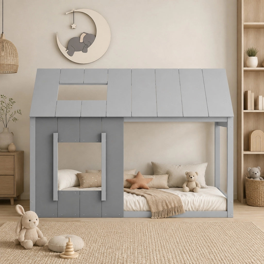 LETTO per bambini 90x200 cm in legno di pino e MDF grigio, casa con tetto e finestra