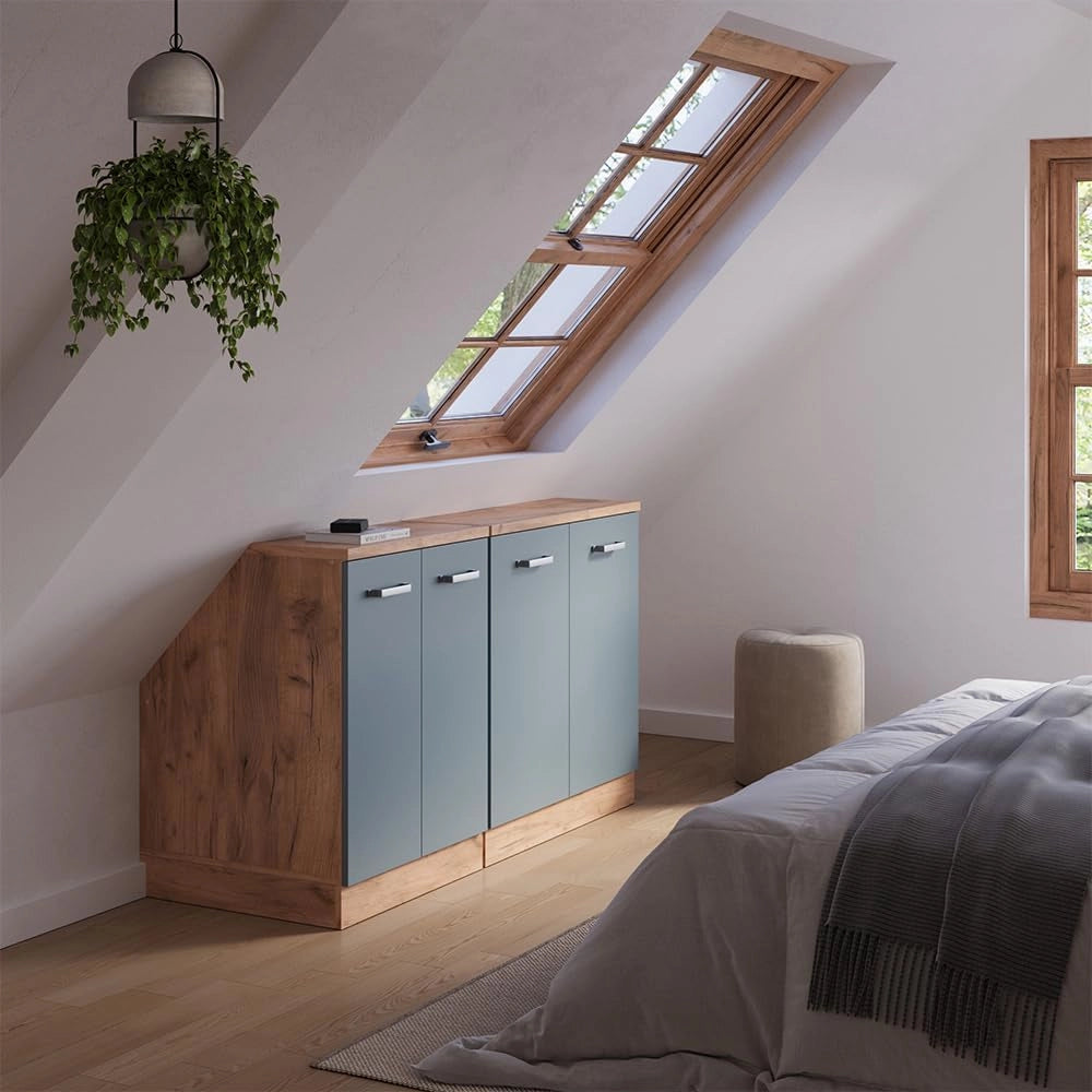 Set di mobili sottotetto Rion, Grigio-blu, 140 cm Set di 2 carcasse armadio profondità 60 cm, adatto per il salvaspazio sotto tetti spioventi
