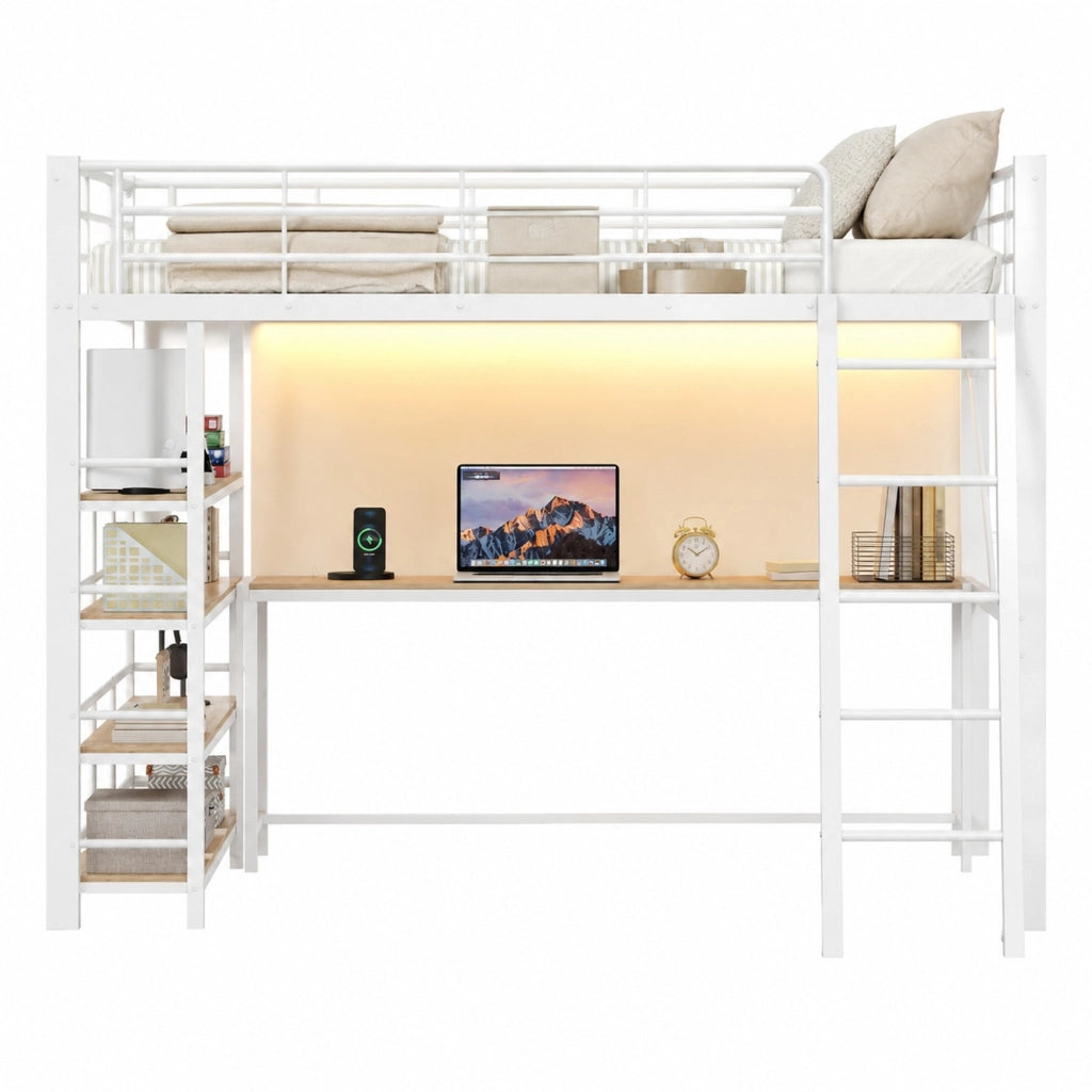 Letto a soppalco matrimoniale 140x200 cm con scrivania; LED; USB e ripiani; bianco