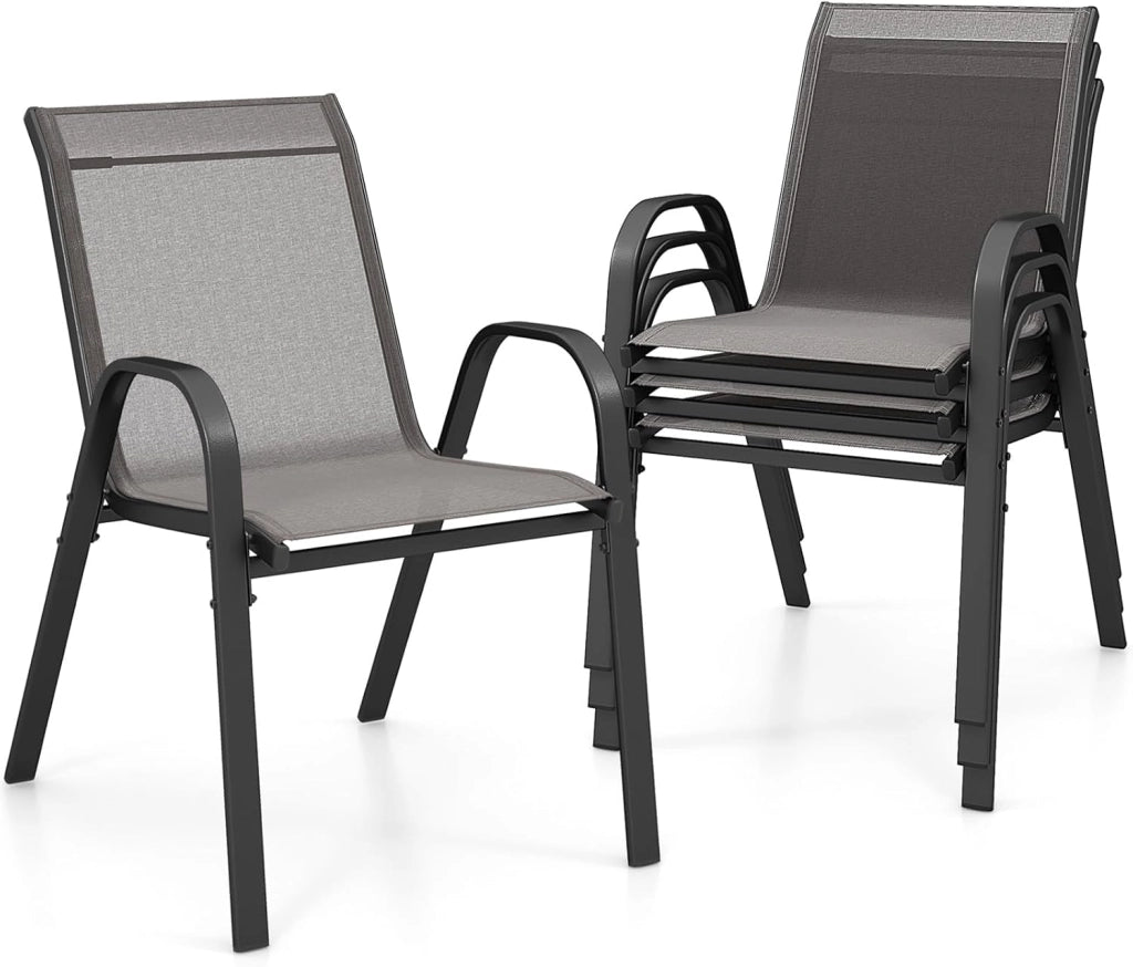 Set di 4 Sedie Impilabili, Sedia da Giardino con Corrimano, Telaio in Acciaio Tubolare Verniciato a Polvere, Sedia per Giardino e Patio