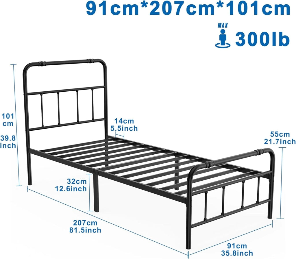 Letto con testiera alta, 90 x 200 cm, in metallo, con vano portaoggetti, in metallo, per letto degli ospiti, letto singolo