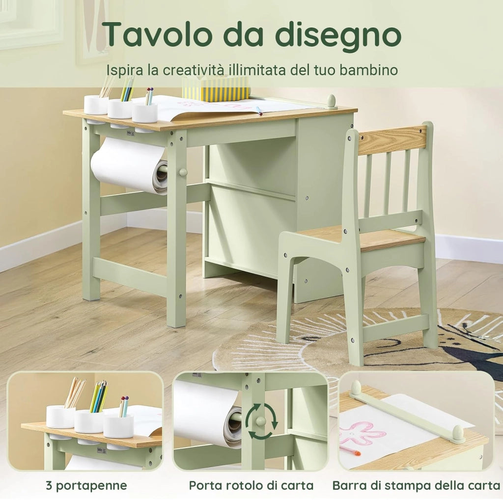 Tavolino Bambini con 1 Sedia, Set Tavolo e Sedie per Bambini Multiattività con 2 Ripiani, Tavolo Disegno e Gioco, Sedia Scrivania Cameretta Verde 80x50x66cm KMB60-GR