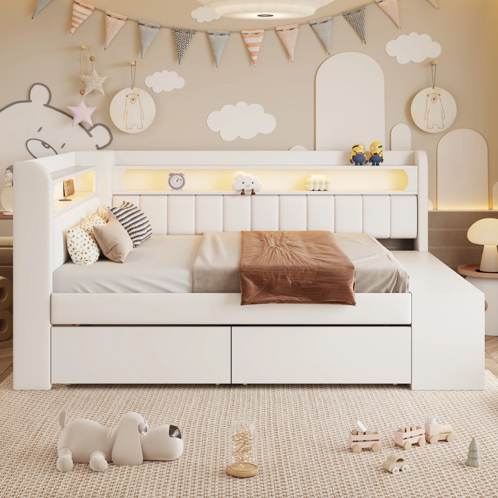 Letto Contenitore Letto Singolo 90x200 cm; USB; LED; 2 Cassetti; in MDF; Bianco
