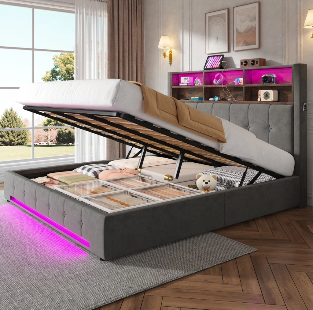 Letto contenitore 180x200 cm in velluto grigio scuro con LED e USB-C