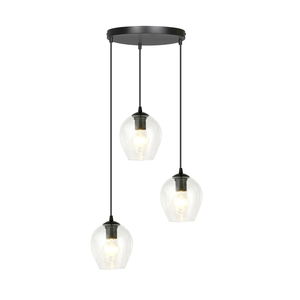 Lampadario 3 Luci Fuxi Base Tonda In Acciaio Nero E Vetri Trasparente