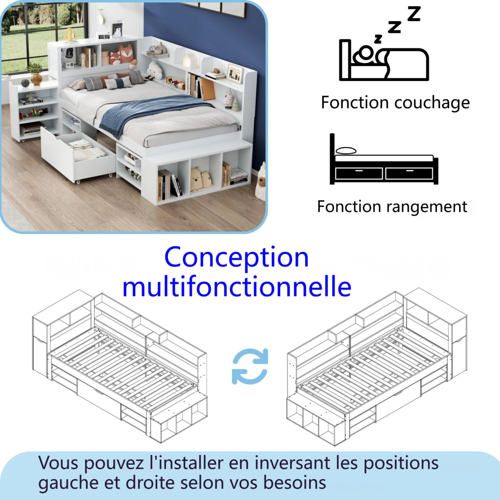 OKWISH Letto Bambino 90×190 cm, Letto Singolo con Contenitore, Cassetti e Mensole, senza Materasso, in Compensato, Bianco