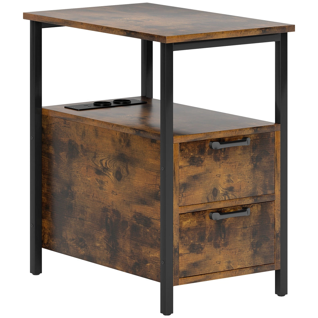 TAVOLINO Laterale 55x35x58,5 cm Marrone con 2 cassetti e prese integrate