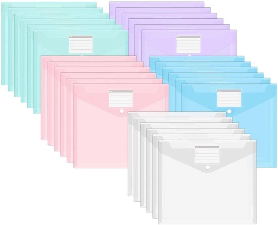 Collezione di 30 buste documentarie A4, cartelle documentarie A4 impermeabili, cartelle A4 con spazi per etichette, cartelle colorate per l'organizzazione dei documenti, articoli per la scrivania, materiale scolastico