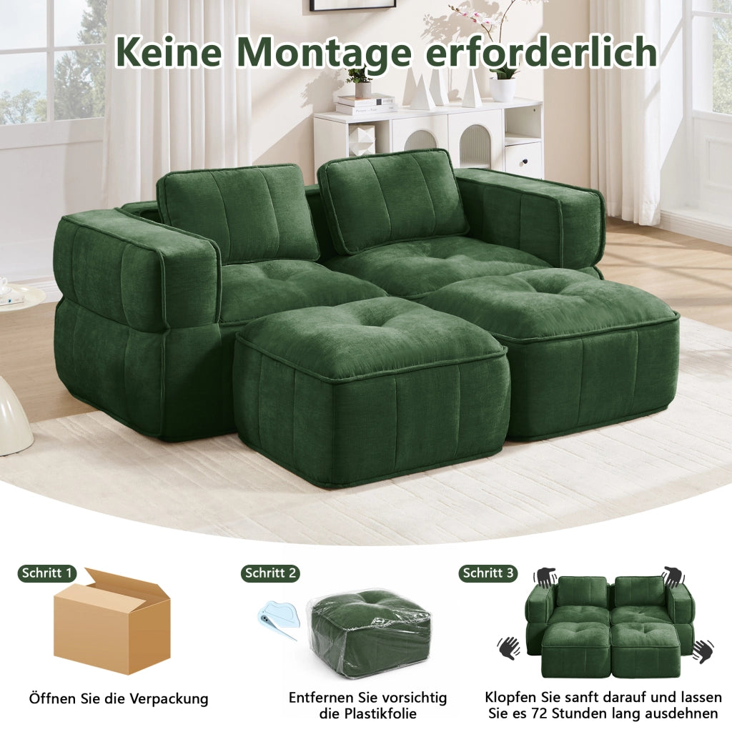 Divano modulare a 2 posti con due pouf e seduta profonda senza struttura portante in poliestere verde 198 × 162 × 67 cm