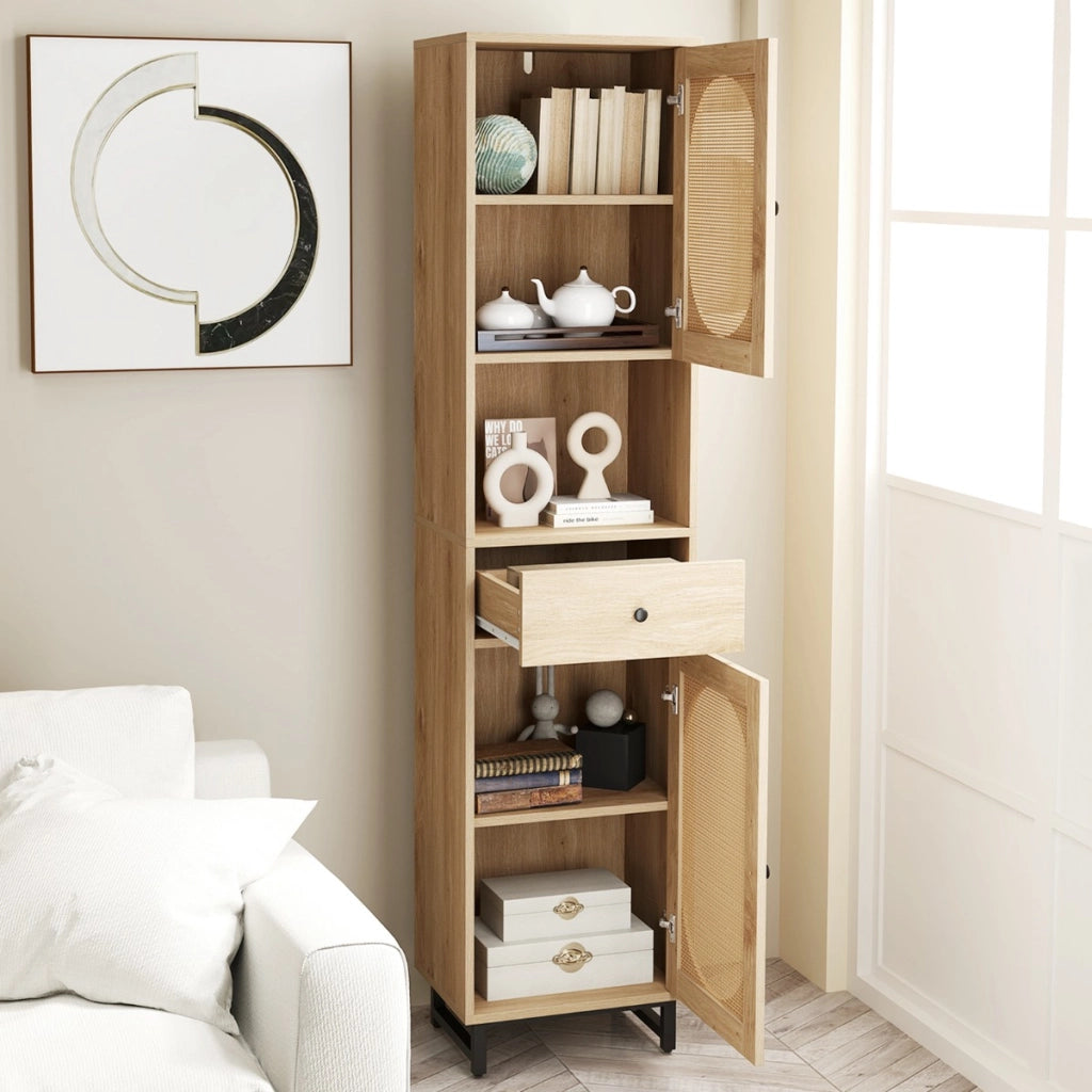 Armadio da bagno stretto e alto da 170cm, Armadio in rattan autonomo con porte ripiani regolabili e cassetto Naturale-Armadietti da bagno