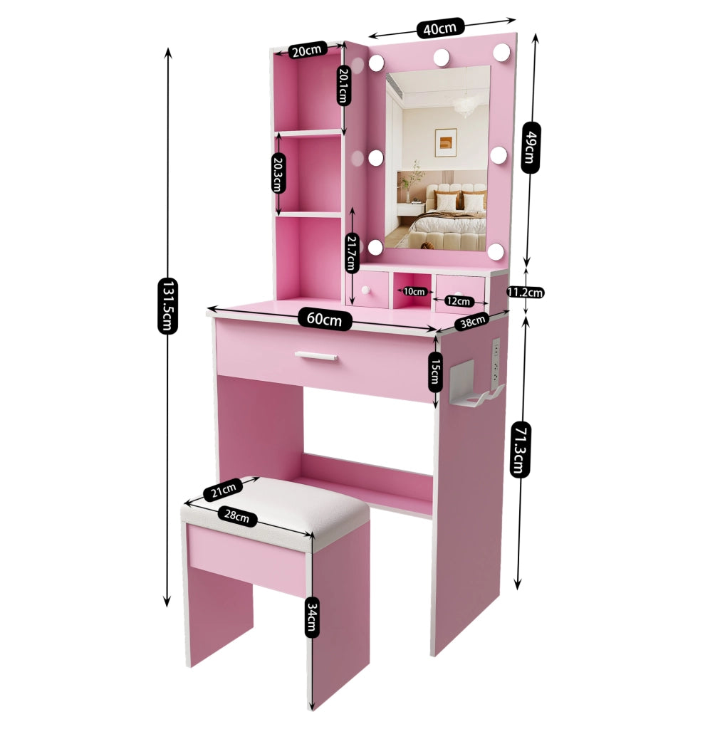 Tavolo da trucco con specchio LED a 3 tonalità; presa e supporto phon; rosa; 60 x 38 x 131;5 cm