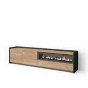 Mobile TV Soggiorno, 207x50x37 cm, Per TV fino a 80", Camino elettrico, LED, Rovere e nero