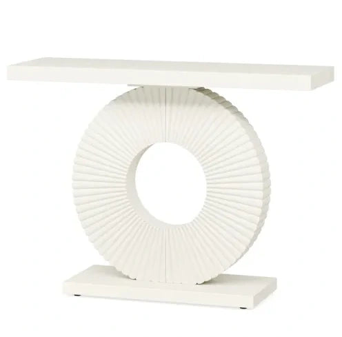 Tavolo consolle in MDF e metallo con struttura geometrica; bianco