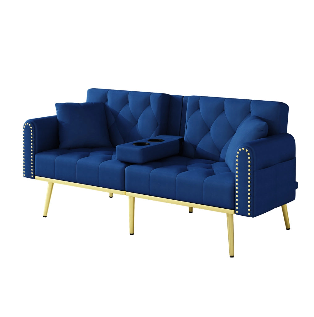 Divano letto multifunzione 175x80x73;5 cm in velluto blu con schienale regolabile