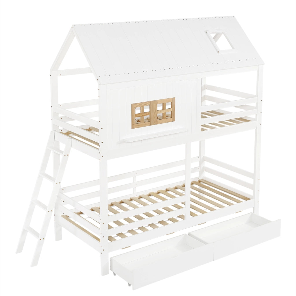 Letto a Castello 90x200 cm - con 2 Cassetti; Finestre e Tetto - Bianco Naturale