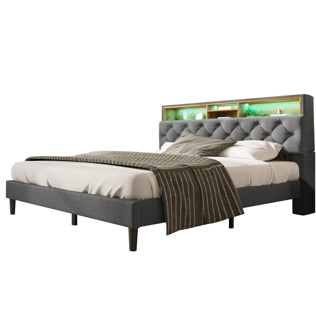 OKWISH Letto Contenitore 140×200 cm, Letto Matrimoniale con Testiera Contenitore, LED Regolabile e Scomparti, senza Materasso, Grigio