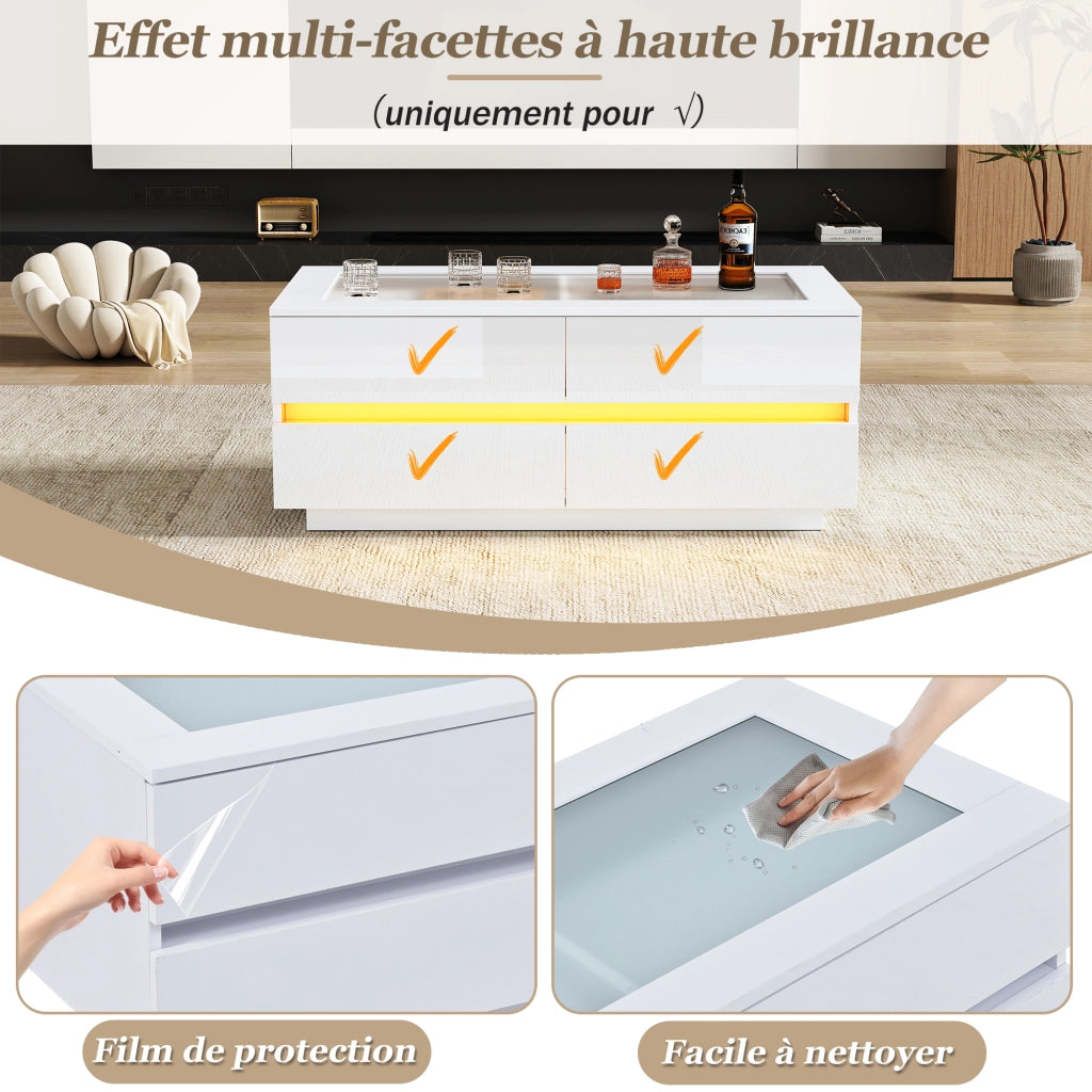 Tavolino da caffè con 4 cassetti; LED e piano in vetro temperato; in pannelli di particelle bianco; 100 × 50 × 40 cm