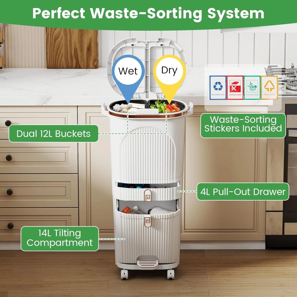 Pattumiera da Cucina 42 L, Pattumiera Verticale per il Riciclo con Ruote, 3 Contenitori Rimovibili, 1 Cassetto e Ganci, Contenitore in PP con Coperchi e Pedale, per Ufficio, Bagno (Bianco)