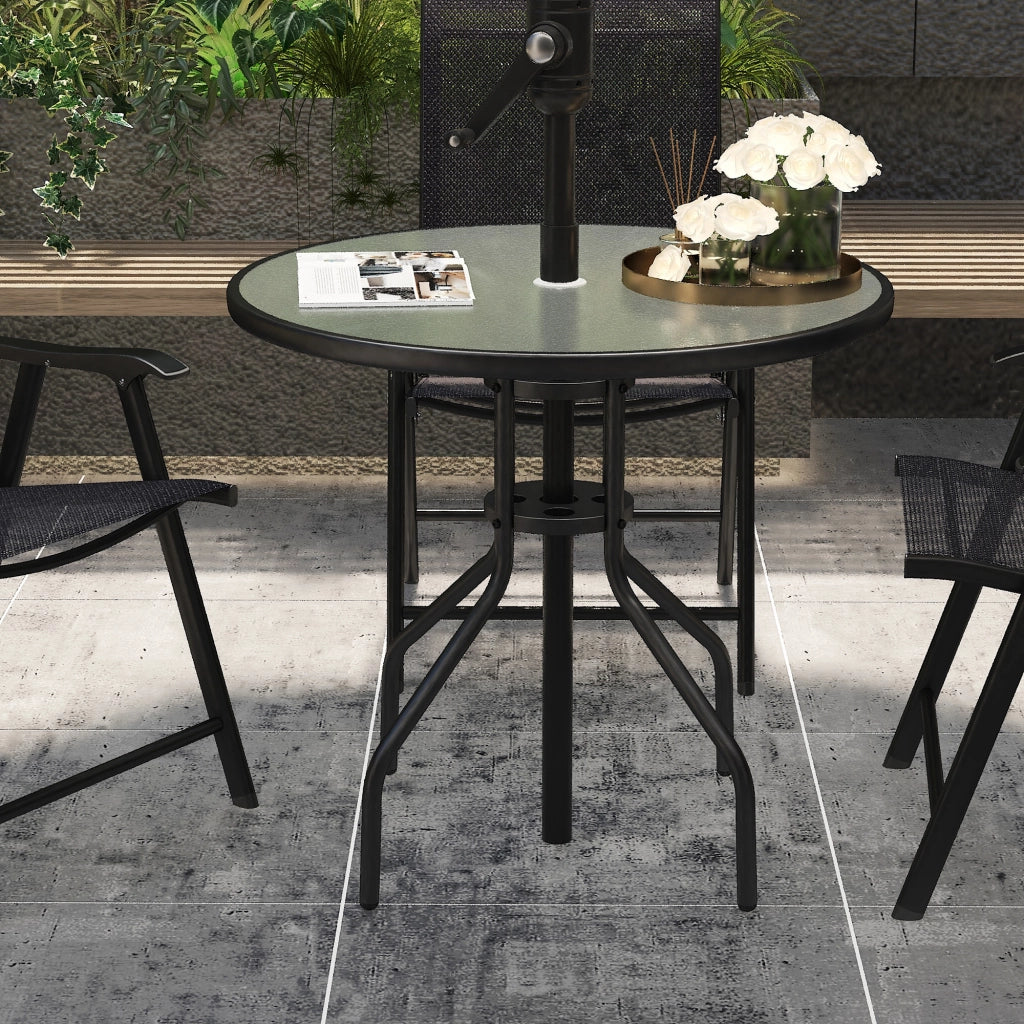 Tavolo da giardino rotondo in vetro temperato con foro ombrellone ¨C zephmum ¨C Nero ?80x72 cm