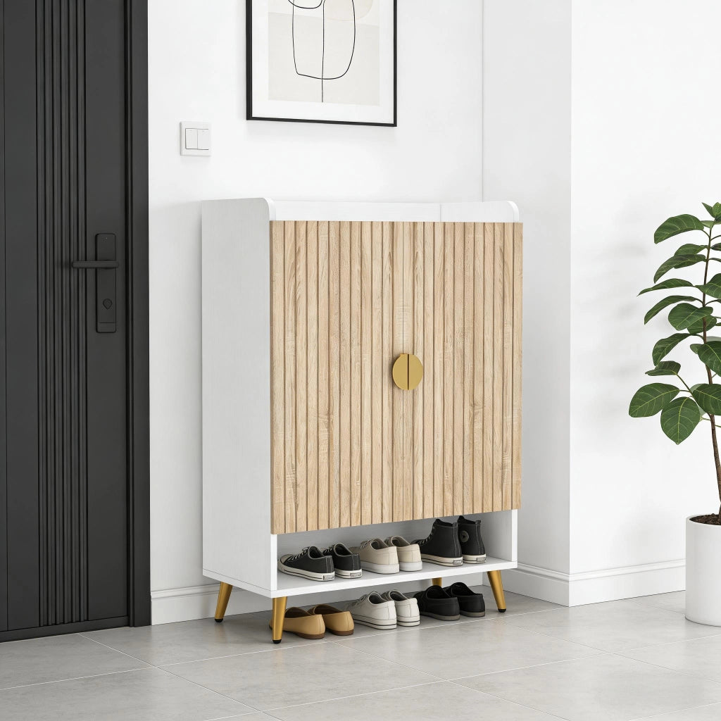 Scarpiera con 7 ripiani e ripiano inferiore aperto; 22-25 paia; per ingresso; in legno e metallo; bianco