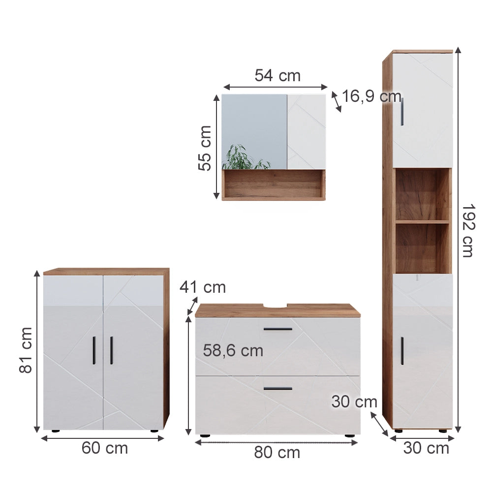 Vicco Set di mobili da bagno Bianco lucido/oro power oak 4 pezzi, con cassettiera e mobile midi