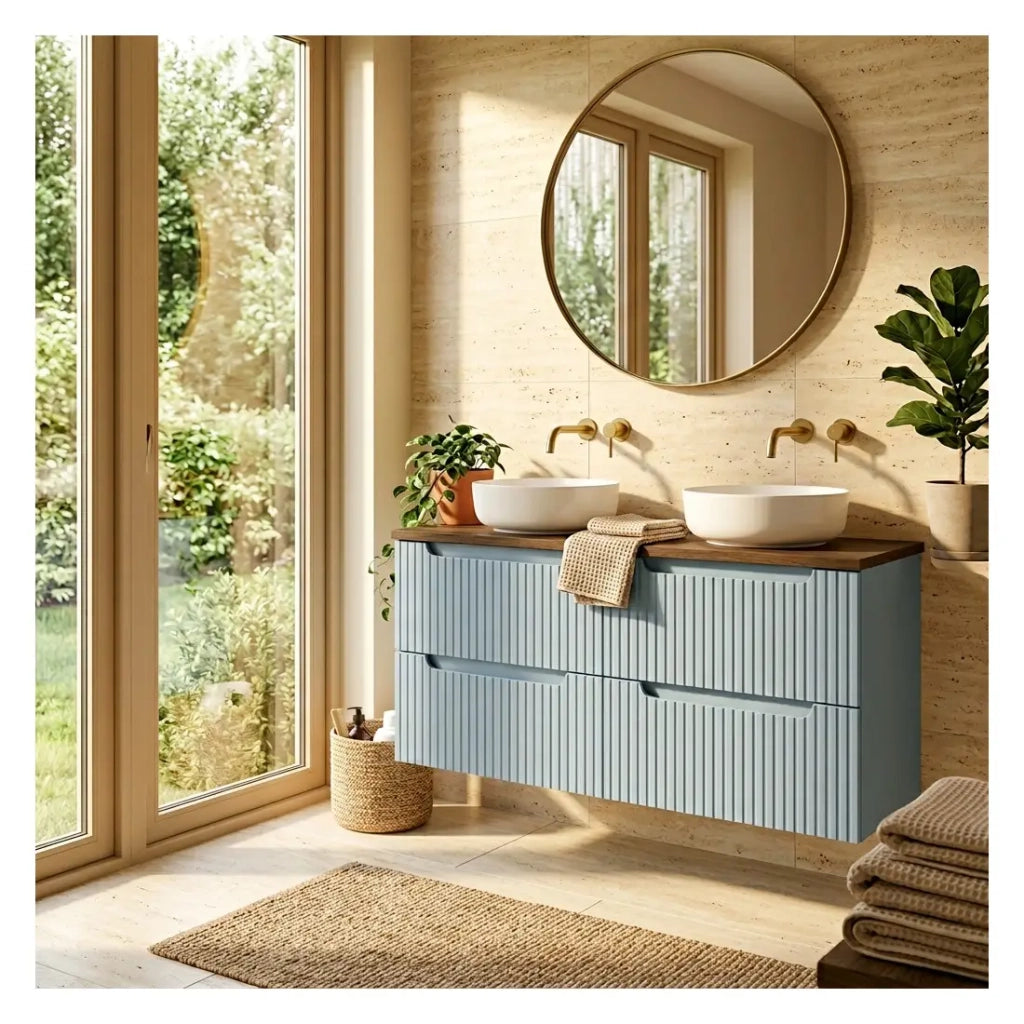 Set bagno sospeso VANO blu denim e rovere 120cm: mobile sottolavabo con cassetti + piano per lavabo