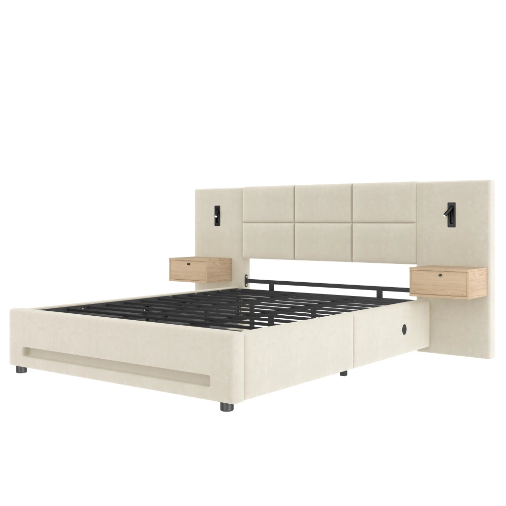 Letto matrimoniale 180x200 cm in velluto beige con contenitore; USB-C; LED e testiera con cassetti
