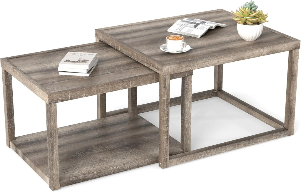 Set di 2 Tavolini Impilabili da Salotto con Ripiano e Struttura in Legno di Gomma, Tavolini Sovrapponibili con Stile Rustico per Soggiorno, Sala d'Attesa e Ufficio, Grigio