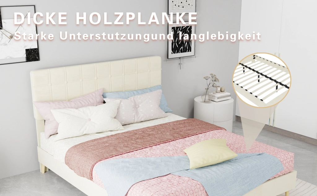 Letto matrimoniale 140 × 200 cm con testiera trapuntata, struttura stabile, senza materasso, in velluto beige