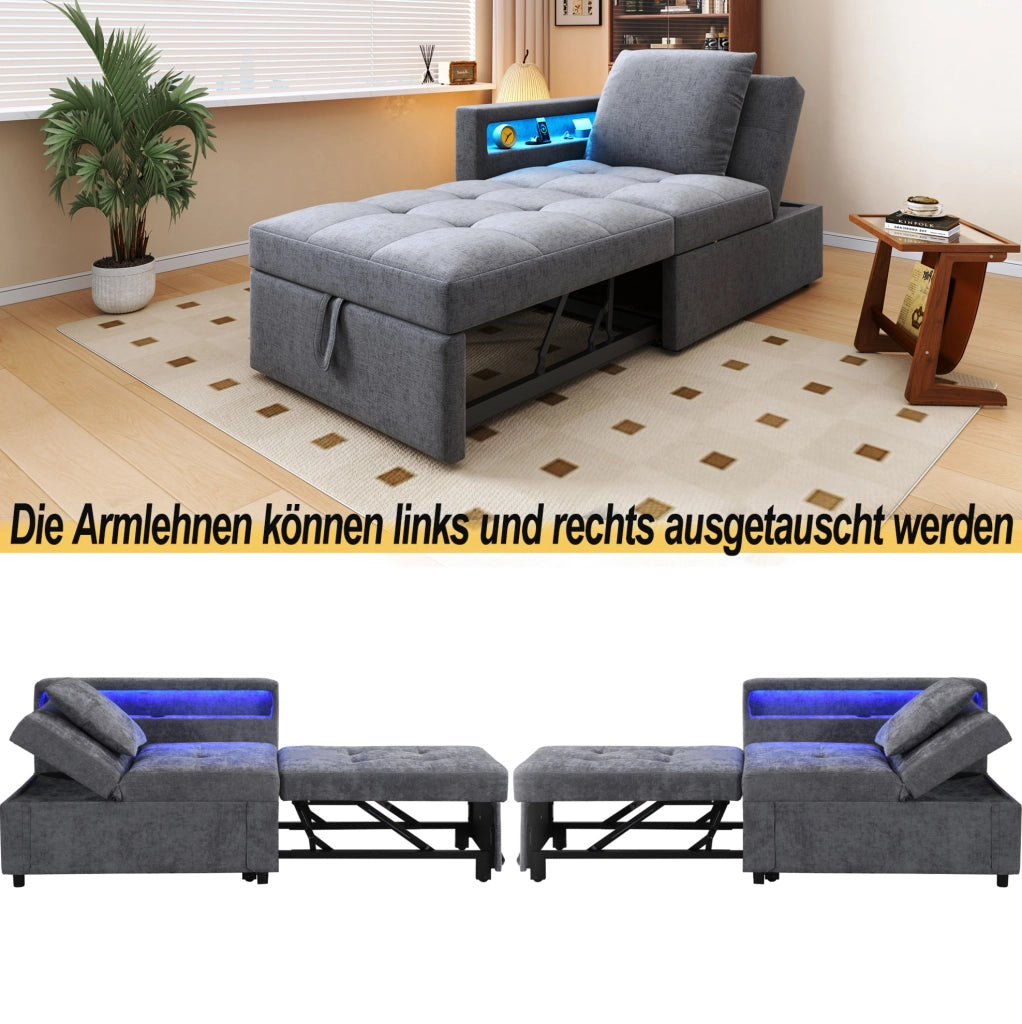 Divano letto 3 in 1 con schienale reclinabile; 177x68x65 cm; in lino grigio chiaro