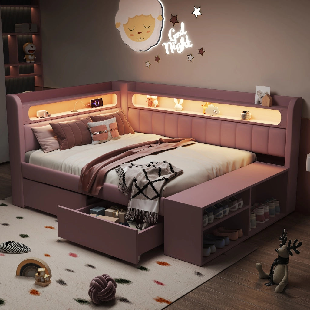 Letto a Divanetto 90x200 cm con USB; LED; 2 Cassetti e Scarpiera; Imbottito - Rosa