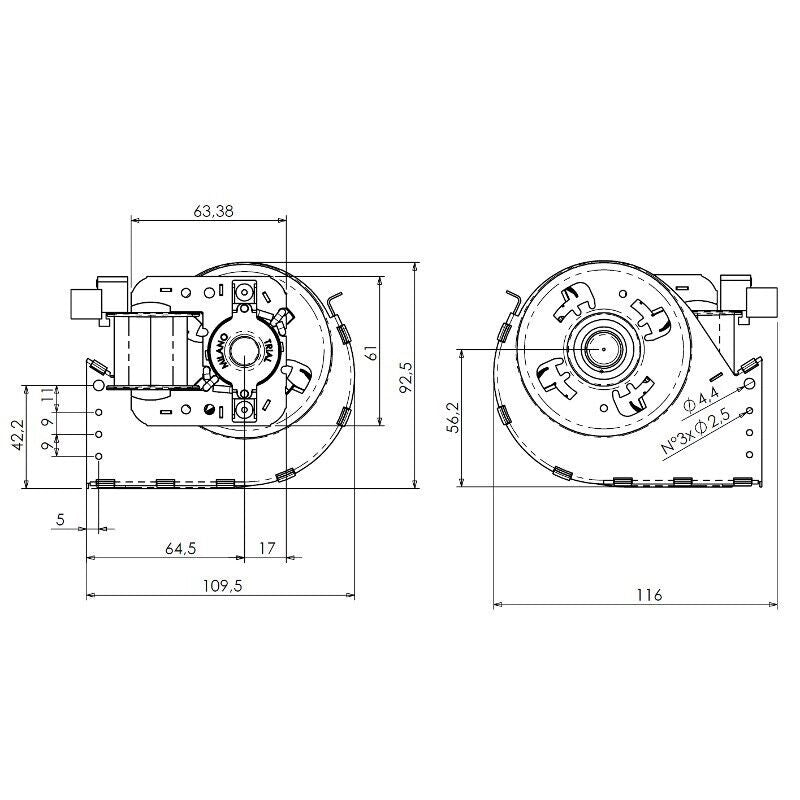 Ventilatore tangenziale TRIAL THS30B5 033 TFA665 D7 stufa a pellet Lunghezza 370mm Bocchetta 304x48mm