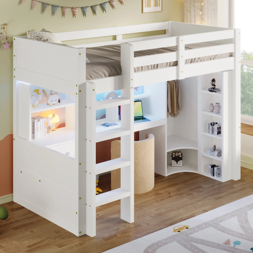 OKWISH Letto A Soppalco 90×200 cm, Letto Singolo con LED Regolabile, Armadio, Scrivania, 3 Cassetti e Scomparti, senza Materasso, Bianco