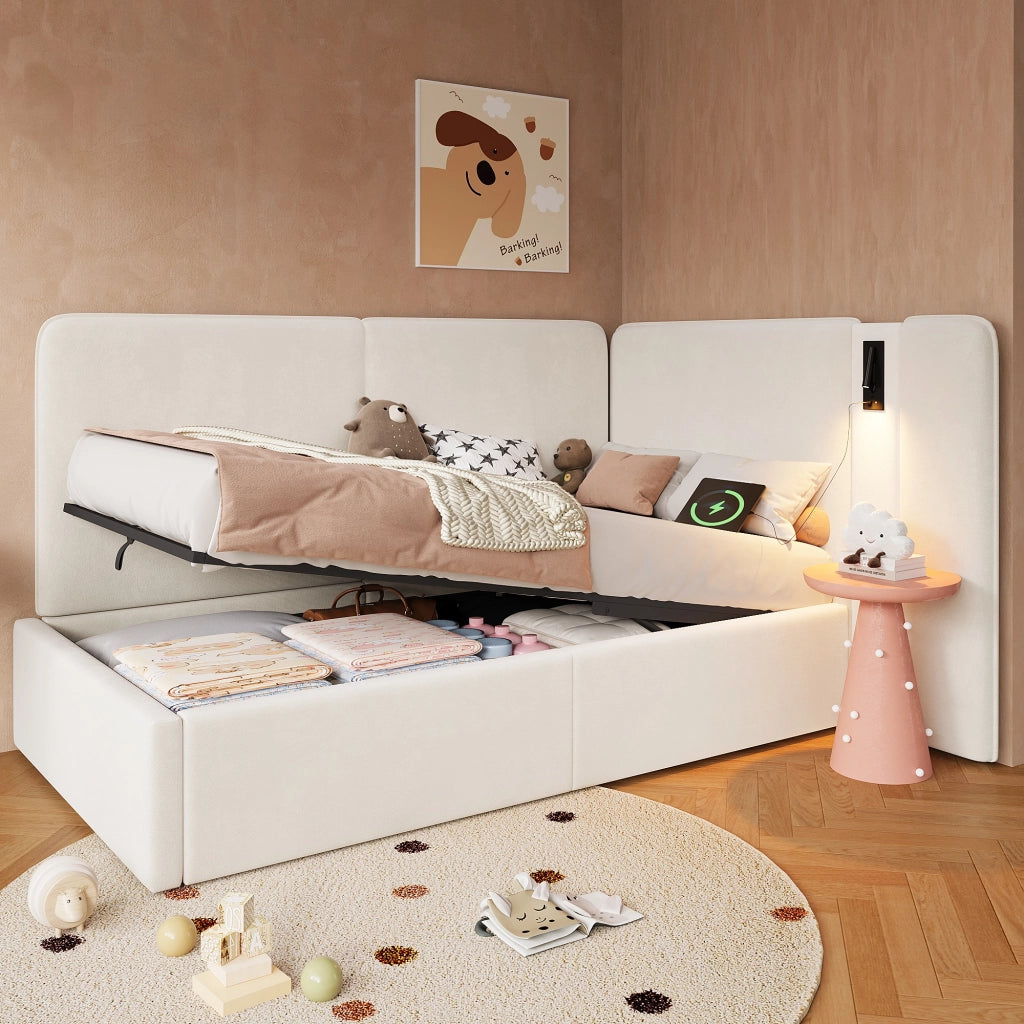 Letto con contenitore idraulico velluto beige 90x200 cm