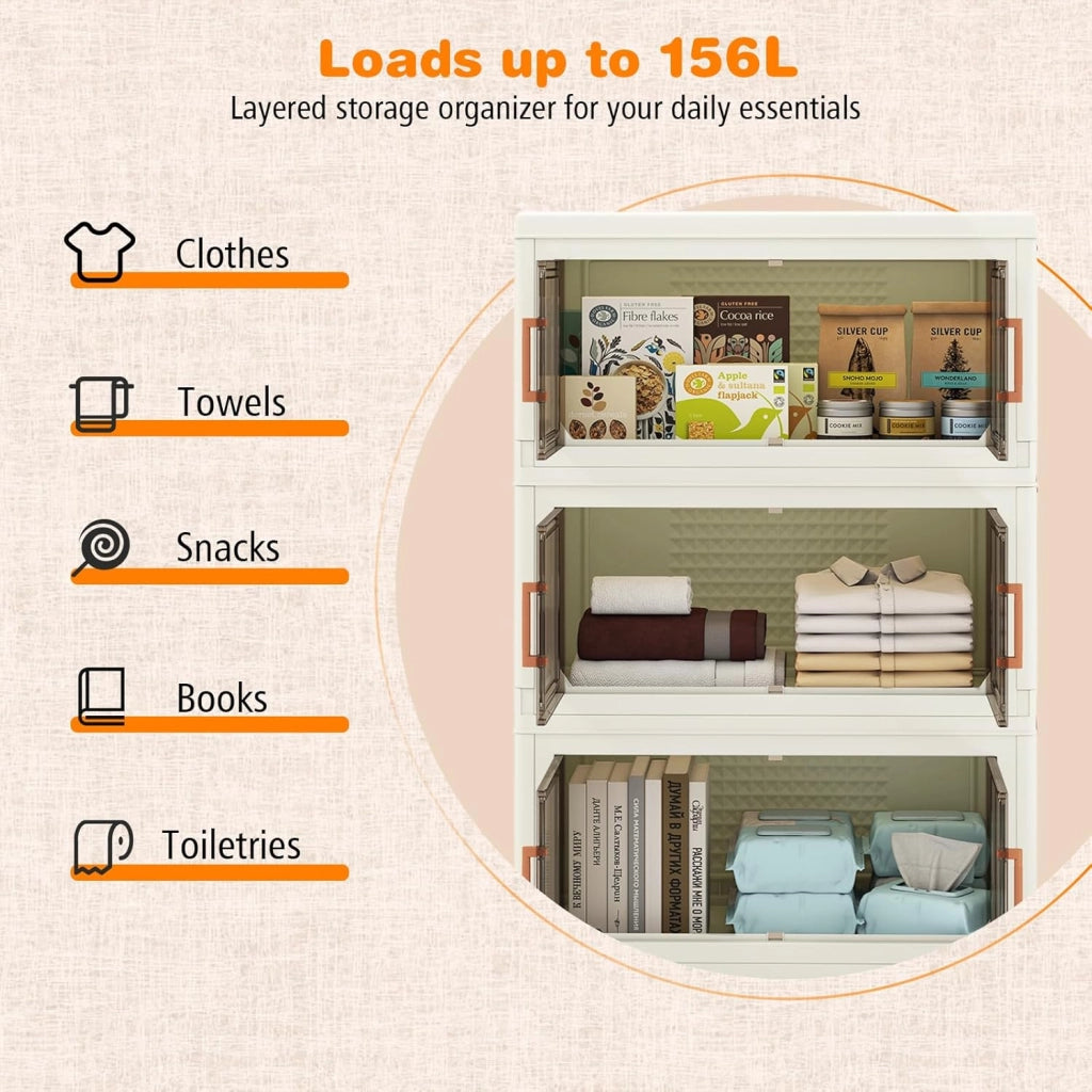 Contenitore di Archiviazione in Plastica, Organizzatore Impilabile con Coperchi e Porte, 4 Ruote, Scatole Organizzatore Pieghevoli per Soggiorno, Camera da Letto (62,5 x 34,5 x 99,5 cm)