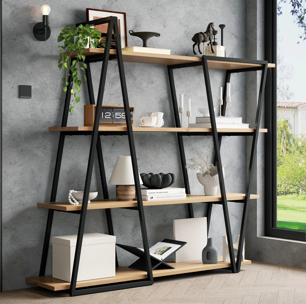 Libreria a giorno geometrica 158x35x166 cm; metallo nero e MDF effetto quercia