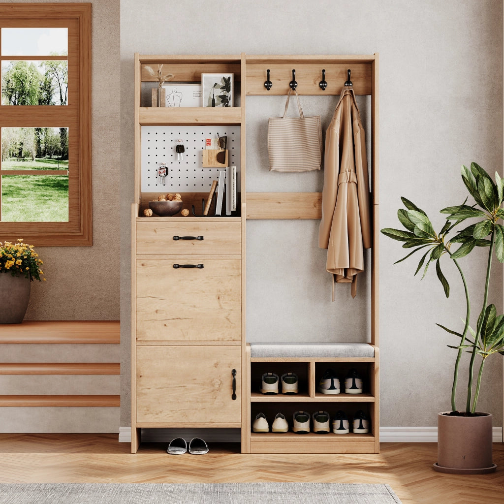 Mobile guardaroba multifunzione da ingresso con panca, 4 ganci, cassetto e 2 ante, Natural/White, 108,5 x 35 x 180 cm