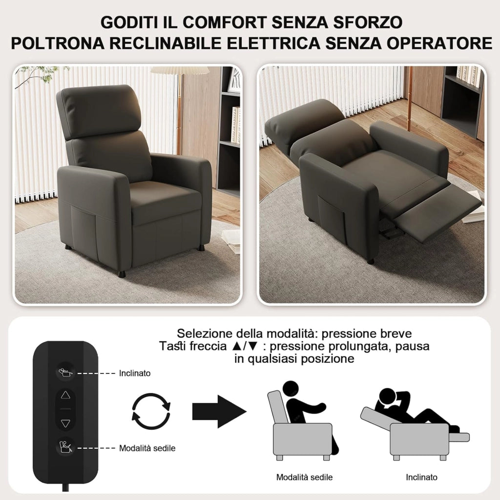 Poltrona Relax Elettrica Ergonomica Reclinabile 90°-165°in Pelle PU, Poltrona Reclinabile con Schienale e Poggiapiedi Regolabile, per Soggiorno/Ufficio, con Tasconi Laterali, Verde grigio