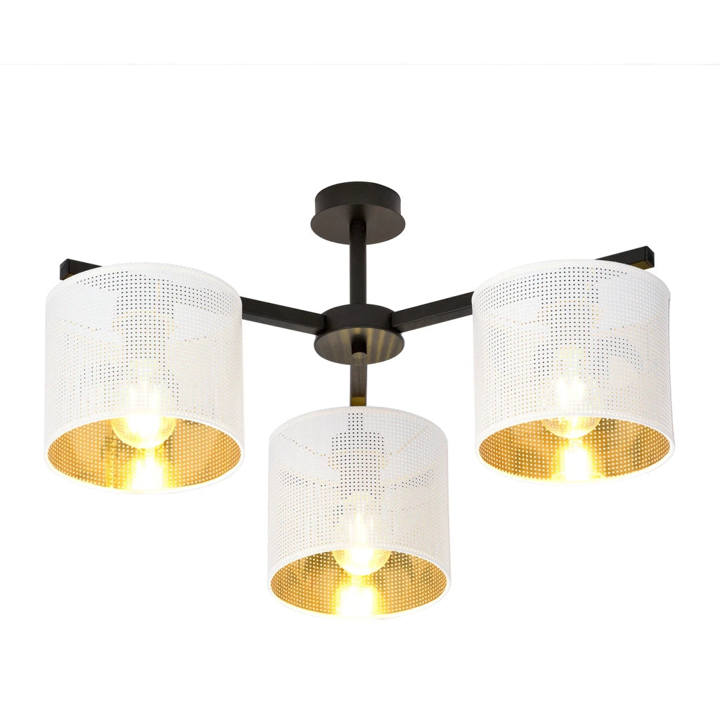Plafoniera Industrial 3 Luci Cigno In Acciaio Bianco E Paralumi A Cilindro Oro