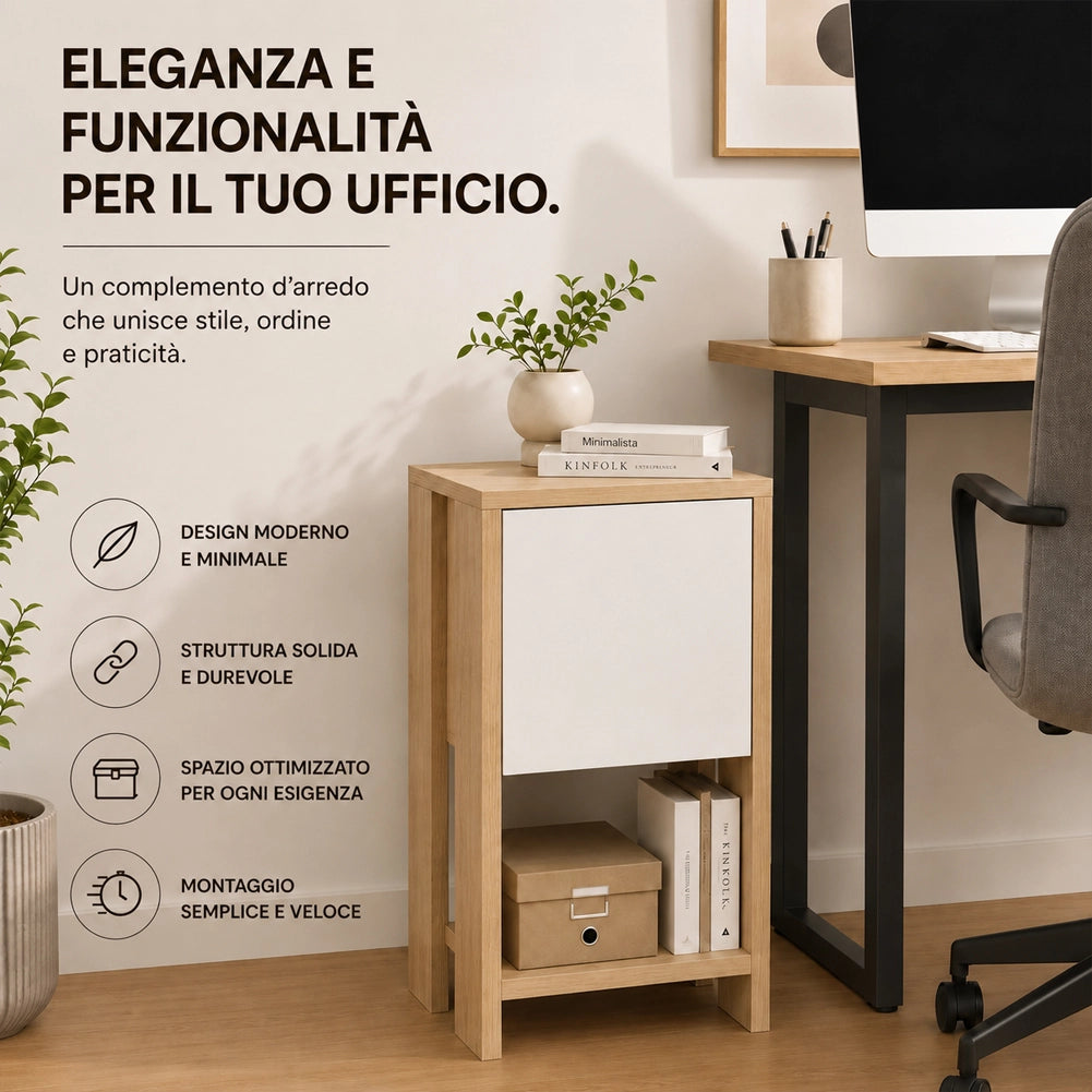 Comodino Mobiletto 2 Ripiani Anta Ribalta Tavolino Moderno Quercia e Bianco