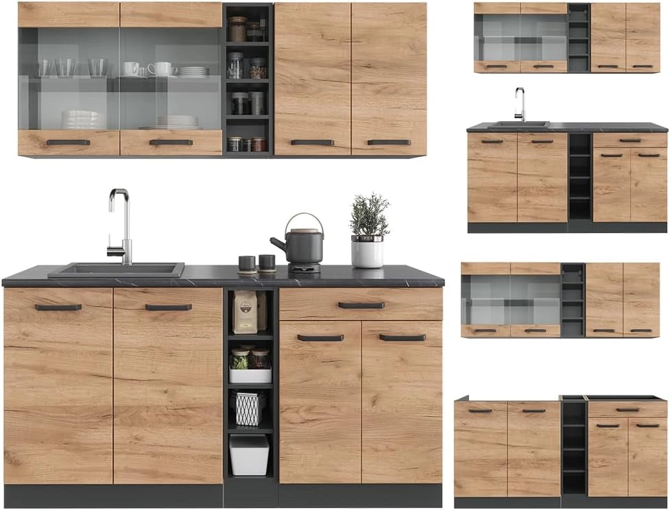 Cucina completa R-Line, Quercia dorata/antracite, 160 cm, PL Antracite, adatto per l'espansione individuale con moduli aggiuntivi