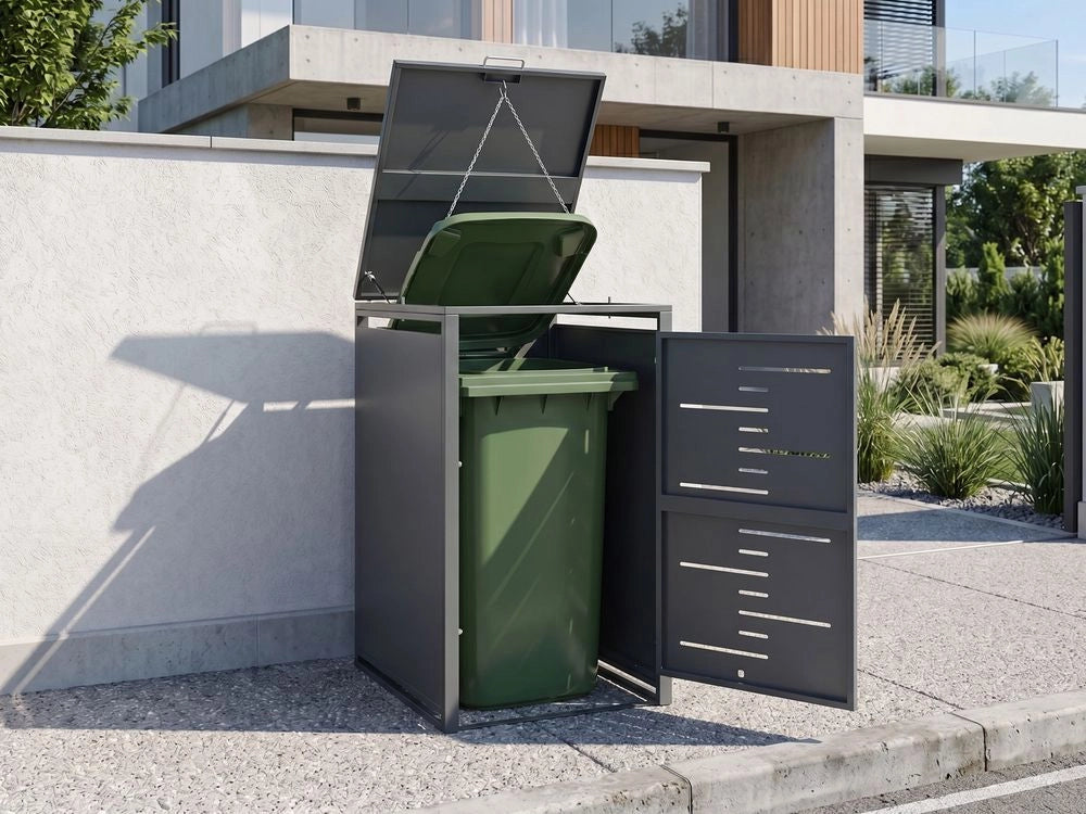 Copertura metallica per bidone della spazzatura da esterno con apertura superiore e serratura a chiave con catena per bidone da 240 L in acciaio zincato grigio scuro