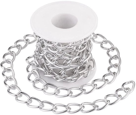 Catenella in Alluminio - 2 Metri - Catena di Curb - Verzilverata - Catena a Metallo Twisted - Leggera - Dimensioni 13x18mm - Catenella per Orecchini