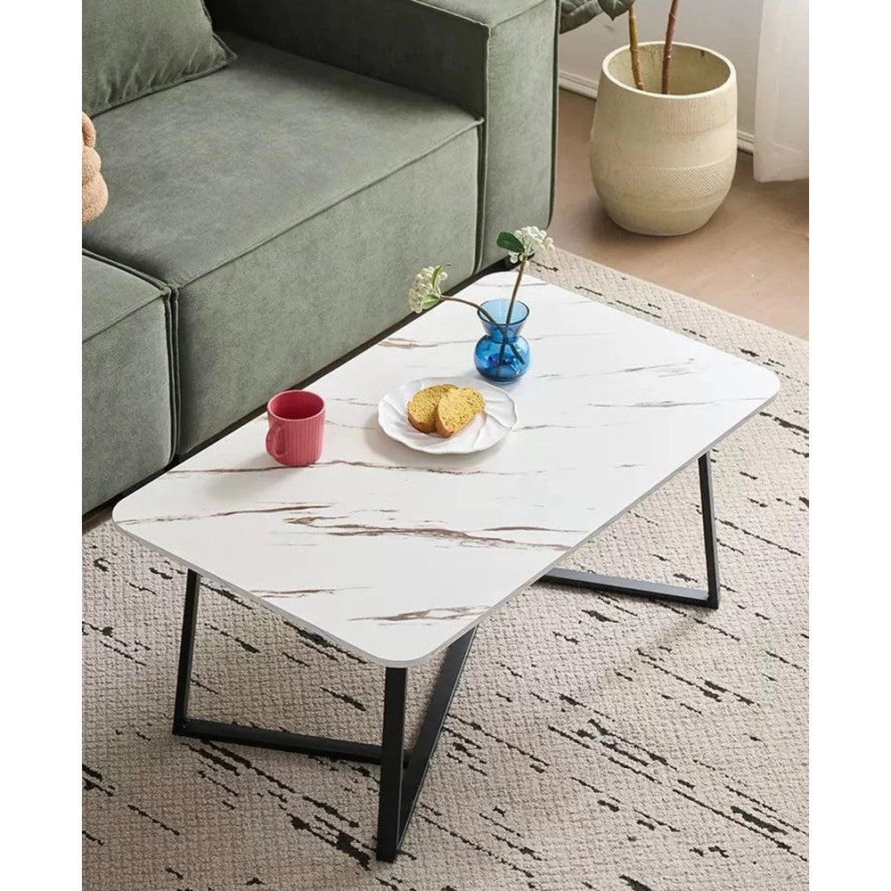 Trade Shop - Tavolino Rettangolare Basso Con Piano Effetto Marmo Gambe Incrociate Per Soggiorno Salotto - Bianco