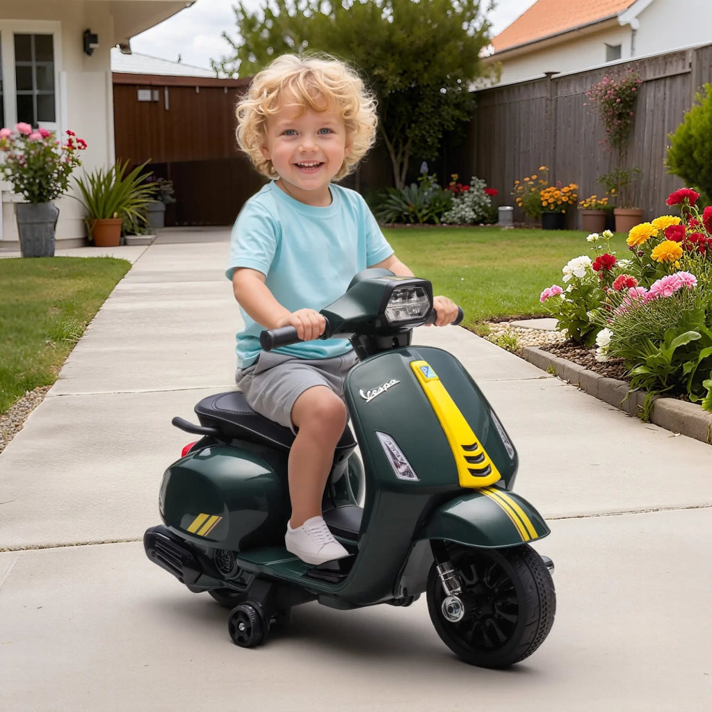 Moto Elettrica per Bambini con Licenza Ufficiale Piaggio Vespa 6V con Rotelle e Luci Verde Scuro