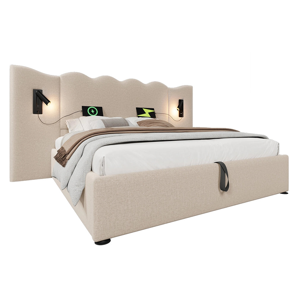 Letto matrimoniale con materasso - Xylo - 160x200 cm - Beige - Luce lettura USB-C
