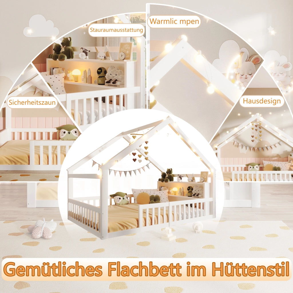 Letto per bambini 140×190 cm con sponde e ripiani laterali; senza materasso; legno; bianco