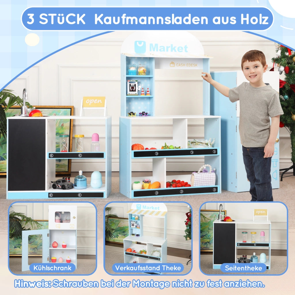 Cucina giocattolo per bambini con scaffali frigorifero lavagna cancellabile banco laterale e rubinetto in MDF blu