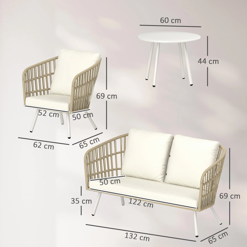 Mobili da giardino in polirattan a 4 posti: Divanooo a 2 posti + poltrona + tavolo + cuscini; resistente; kaki
