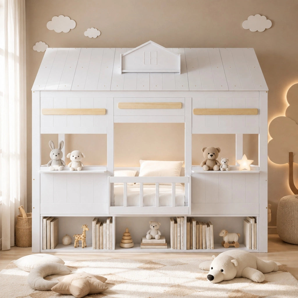 Letto a soppalco per bambini bianco con libreria 90x200 cm